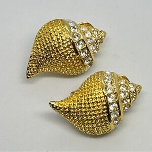 KJL Vtg Gold Conch Shell Clip Earrings with Crystal Accents